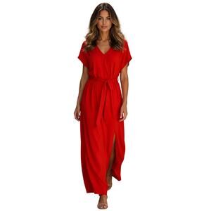 Red Belted Maxi Dress Plus Size 1X Bright Red V Neck Side Slit Casual